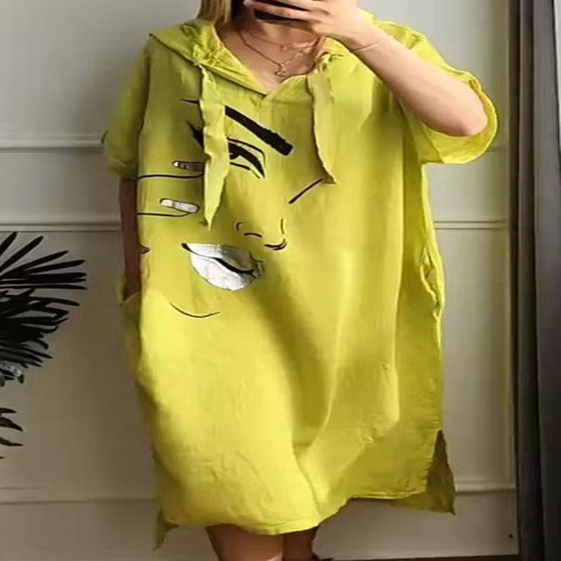 City Breeze: Urban V-Neck Hooded Summer Dress with Pockets